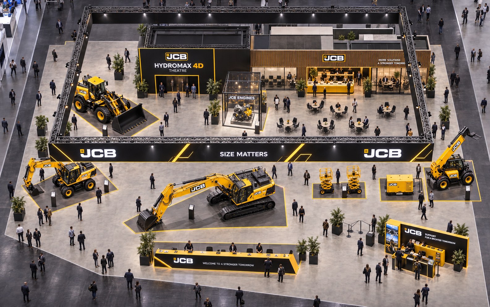 Vue axonométrique du stand JCB au Hall 5B : bandeau LED SIZE MATTERS, pavillon Hydromax 4D, machines et espace hospitalité.