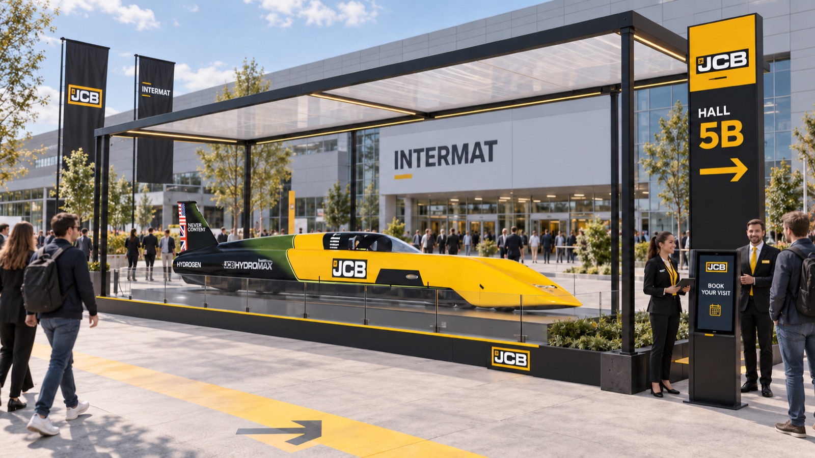 Le parvis d’entrée d’Intermat : Hydromax sous un auvent, totem Hall 5B et hôtes d’accueil.